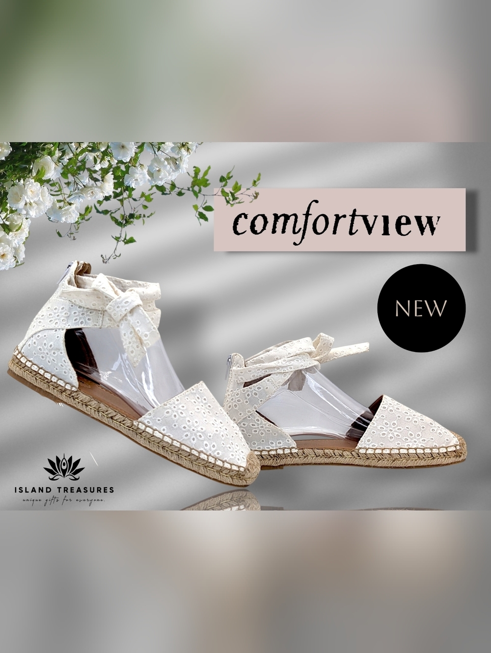 New Comfortview "Shayla" Sz 7.5M White Eyelet Lace Espadrille Flats Ankle Ties